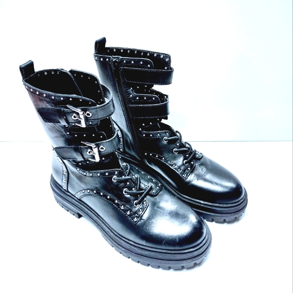 Y2K Chelsea & Violet Rhea Studded Leather Buckle  Sz 7M Women's Combat Boots - Picture 3 of 14